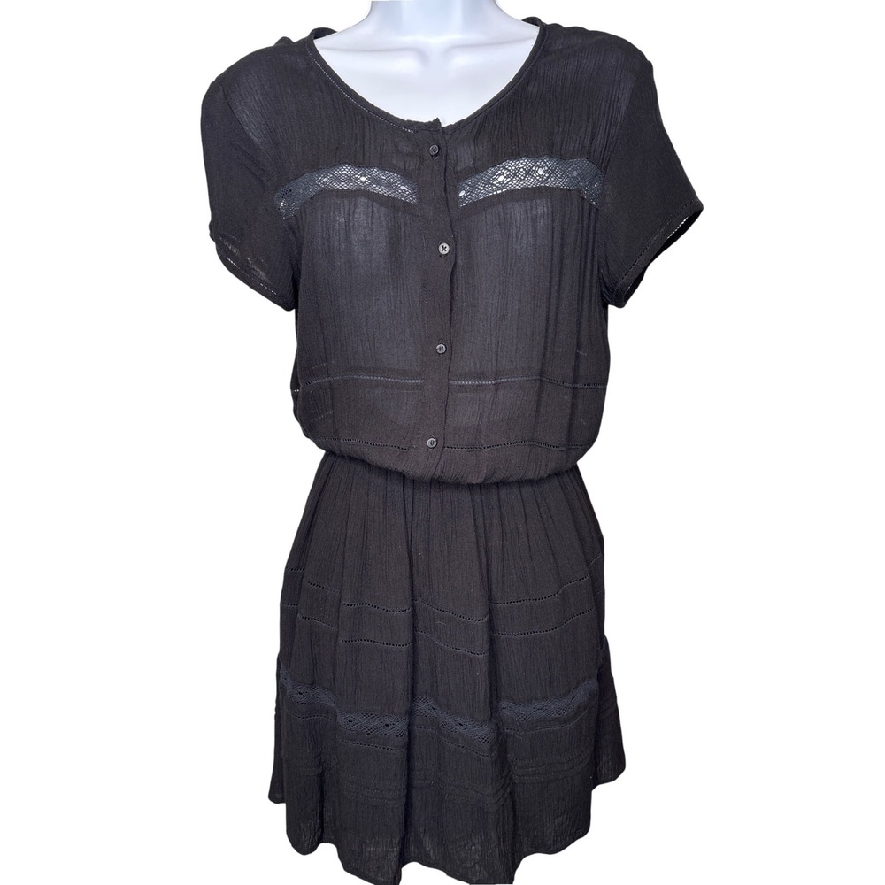 Talula Womens Black Gauze Crochet Lace Mini Dress Sz XS Boho Peasant‎ Festival